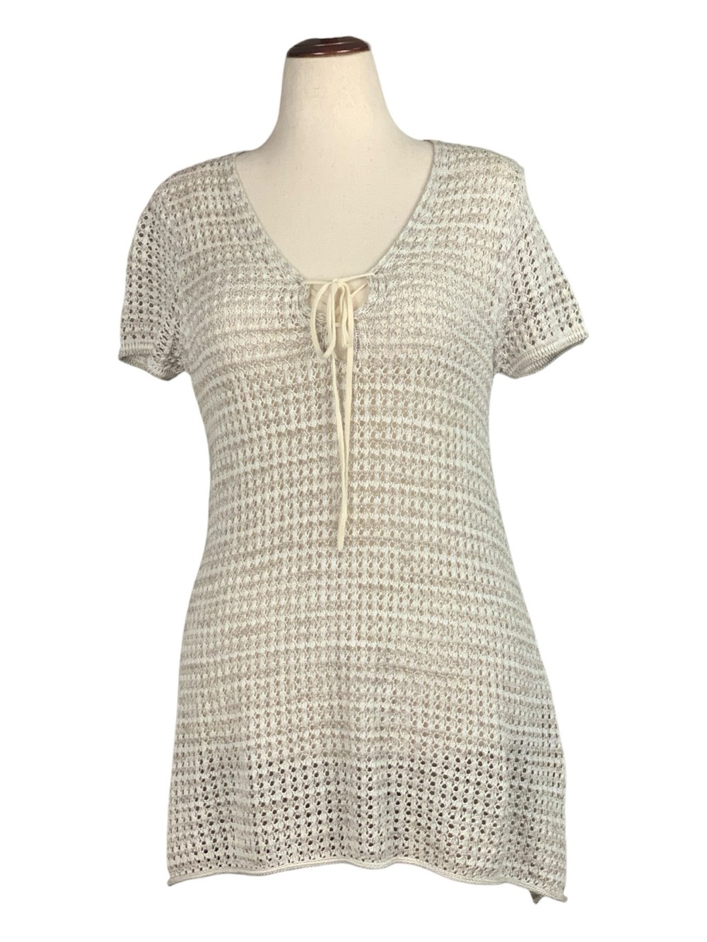 Jeanne‎ Pierre Open Knit Crochet Long Sleeve 100% Cotton Sweater Lace Up Medium
